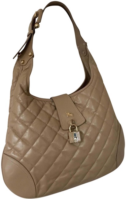 Burberry Euc Quilted Logo Signature Style Handbag Beige Leather Hobo Bag
