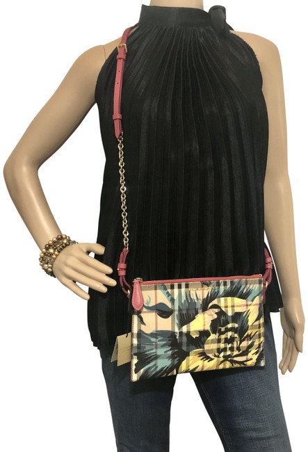 Burberry Flower Print Check Peyton Wristlet Plum Pink Leather Cross Body Bag