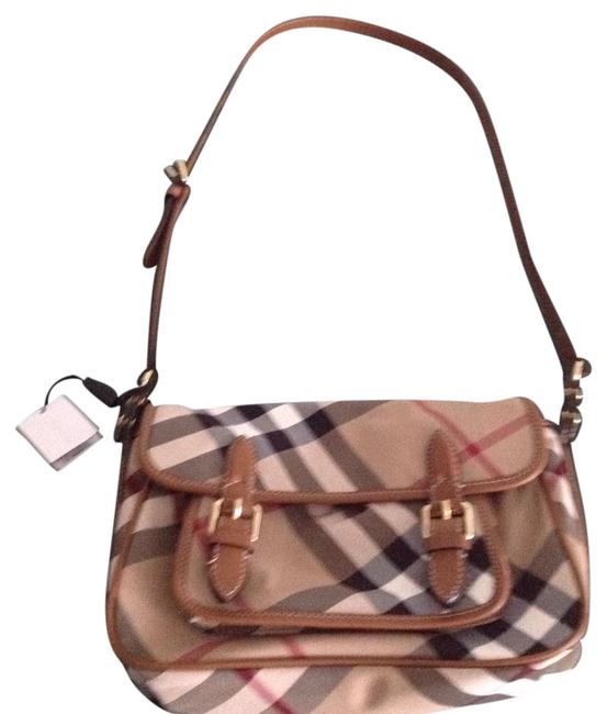Burberry Girls Tan CheckGold Hardware CanvasLeather Trim Cross Body Bag