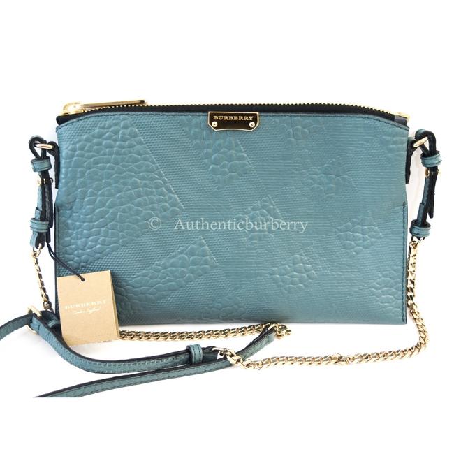 Burberry Grain Check Small Wristlet Celadon Blue Leather Cross Body Bag