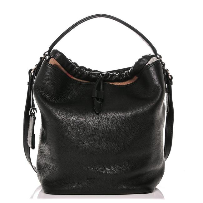 Burberry Grainy Calfskin Medium Check Ashby Black Leather Hobo Bag