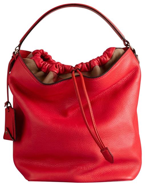 Burberry Grainy Calfskin Medium Check Ashby Cadmium Red Leather Hobo Bag