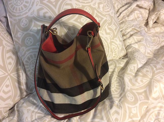 Burberry Haymaker Check with Red Leather Handles Canvas Hobo Bag