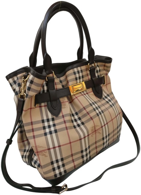Burberry W Haymarket Check Golderton Pvc Trim Tote Brown Leather Cross Body Bag