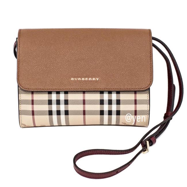 Burberry Haymarket Check Loxley Brown Leather Cross Body Bag