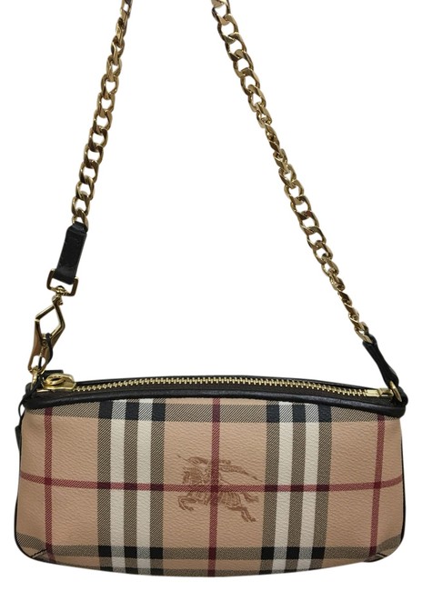 Burberry Haymarket Clara Wristlet Tan Beige CheckChocolate Clutch