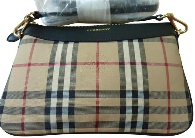 Burberry Horseferry Check Peyton Wristlet Black Canvas Cross Body Bag