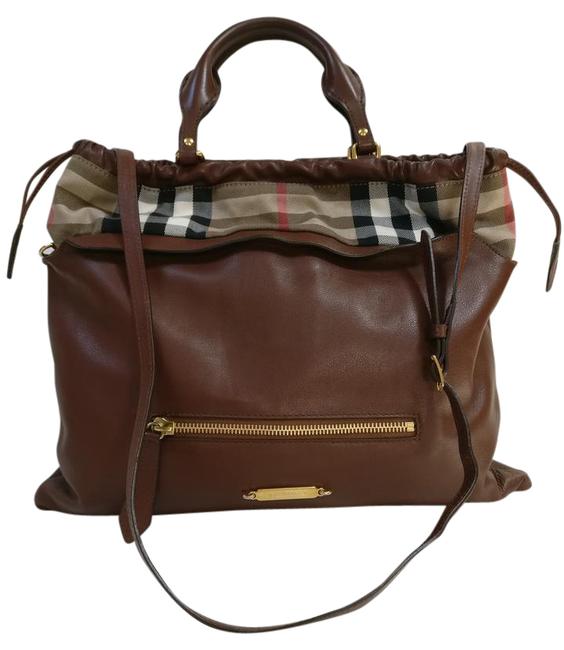 Burberry House Check Drawstring Tote Brown Leather Cross Body Bag
