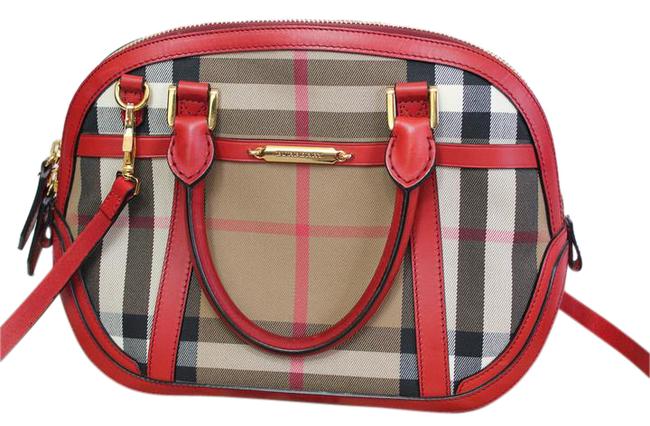 Burberry House Orchard Satchel Red Check Leather Canvas Cross Body Bag