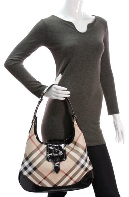 Burberry Large Brooke Patent Trimmed Nova Check BlackTan Hobo Bag
