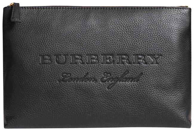 Burberry Large Embossed Zip Pouch Black Leather Clutch