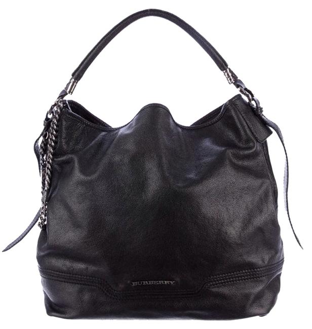 Burberry Large Silver Nova Check Accent Black Leather Hobo Bag