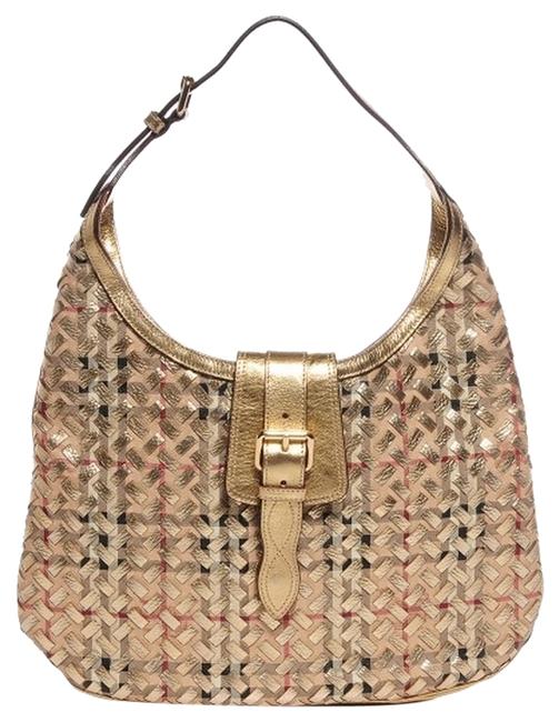Burberry Leather Woven Nova Check Brook Gold Excellent Hobo Bag