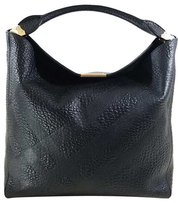 Burberry lindburn Black Grain Embossed Leather Hobo Bag