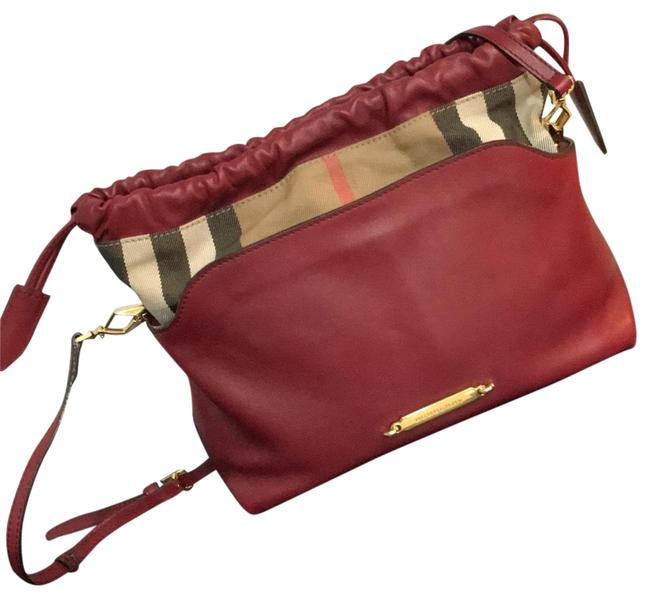 Burberry Little Crush House Check Burgundy Leather and Cotton Cross Body Bag