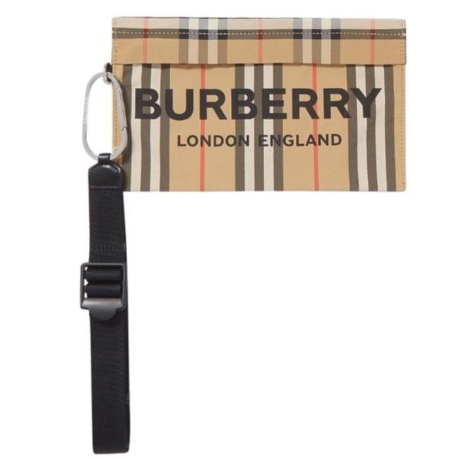 Burberry Logo Printed Stripe Check Wristlet Pouch Clutch