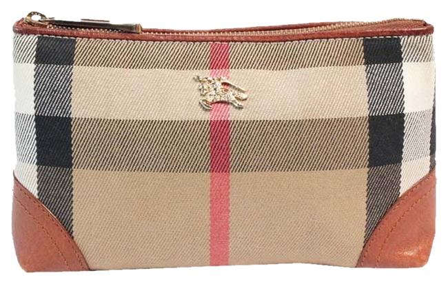 Burberry Up Excellent BrownRed Plaid CanvasLeather Clutch