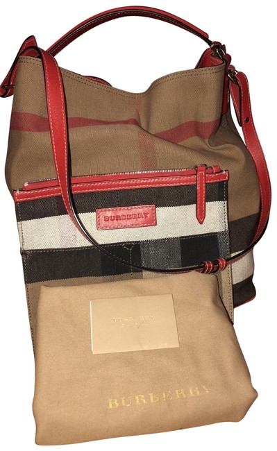 Burberry Medium Ashby Check and Leather Red Canvas Hobo Bag
