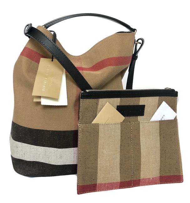 Burberry Medium Ashby Check Canvas Black Canvas Leather Hobo Bag