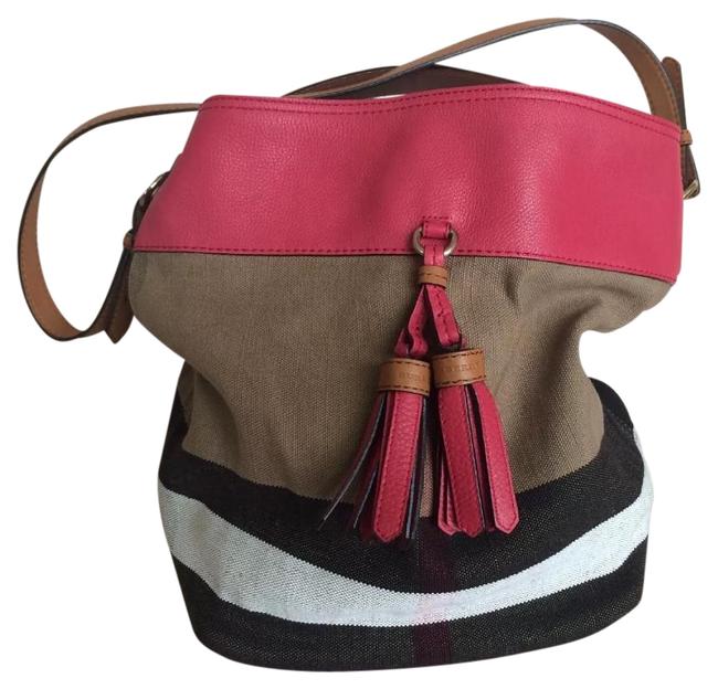 Burberry Bucket Medium Ashby Check Tote Pink Azelea Canvas Hobo Bag