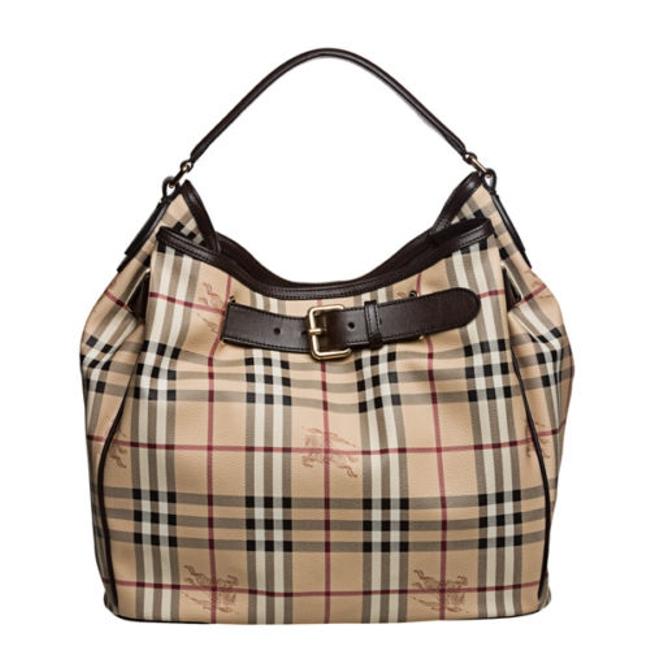Burberry Medium Haymarket Belted Nova Check Leather Trim Hobo Bag
