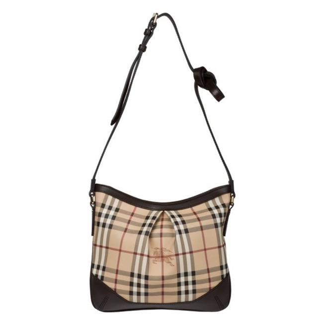Burberry Medium Haymarket Check Beige Brown Pvc Leather Trim Cross Body Bag