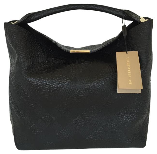 Burberry Medium Lindburn Check Embossed Black Leather Hobo Bag
