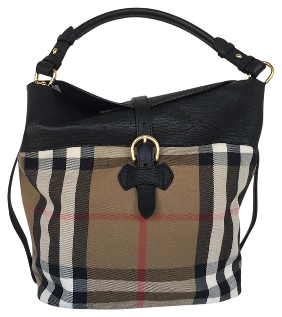 Burberry Medium Sycamore House Check Black Leather Hobo Bag