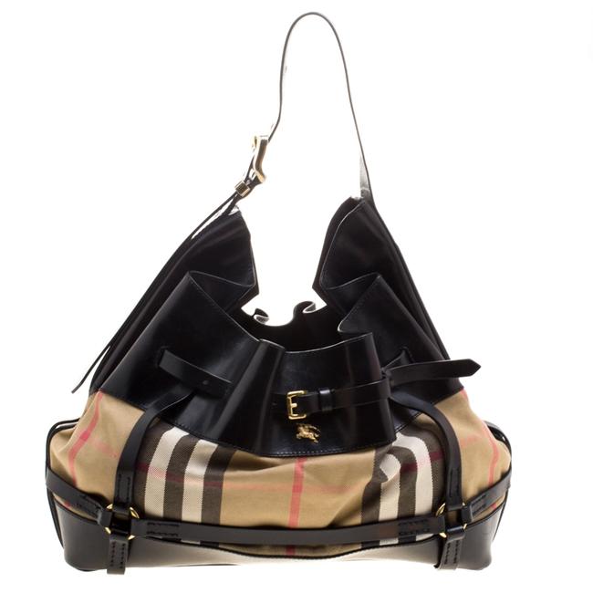 Burberry Metallic House Check Fabric and Leather Bridle Black Canvas Hobo Bag