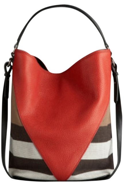 Burberry Military Chevron Red and Check Canvas Leather Hobo Bag
