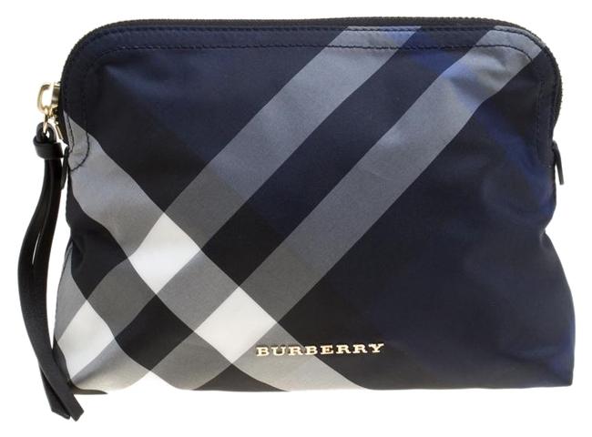 Burberry Navy Smoked Check Large Pouch Blue Nylon Clutch
