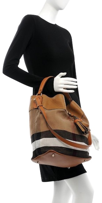 Burberry New Ashby Check Tassle Purse Brown CanvasLeather Hobo Bag