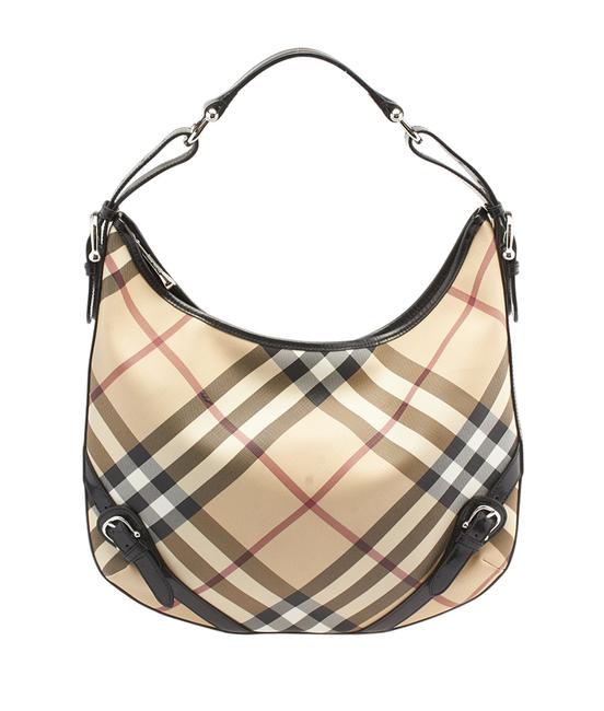 Burberry Nova CheckBlack Leather 100715 Tan Coated Canvas Hobo Bag