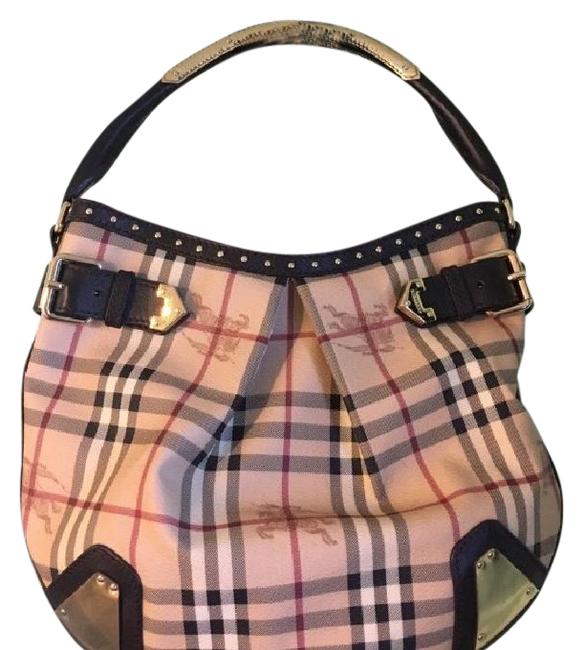 Burberry Nova Check Studded Leather Hobo Bag