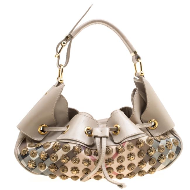 Burberry Nova Check Warrior Studded Beige Leather and Pvc Hobo Bag