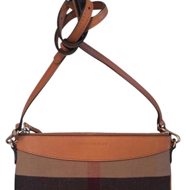 Burberry Clutch PeytonCheck Leather Saddle BrownCamel Canvas Cross Body Bag