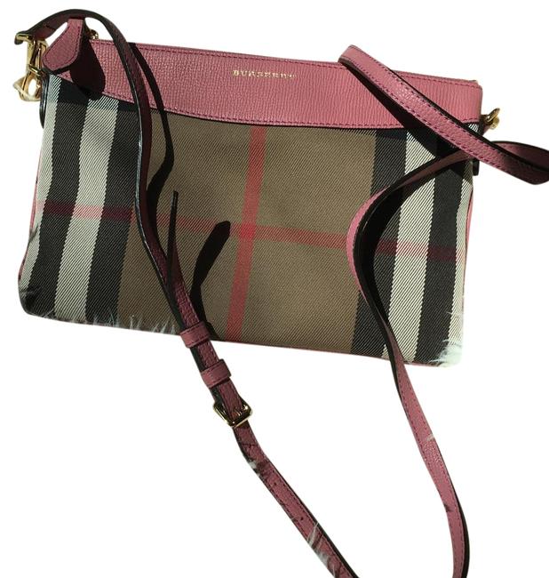 Burberry Peyton House Check Mauve Leather Fabric Cross Body Bag