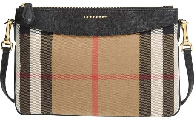 Burberry Peyton House Check Tan WBlack TrimStrap Canvas Cross Body Bag
