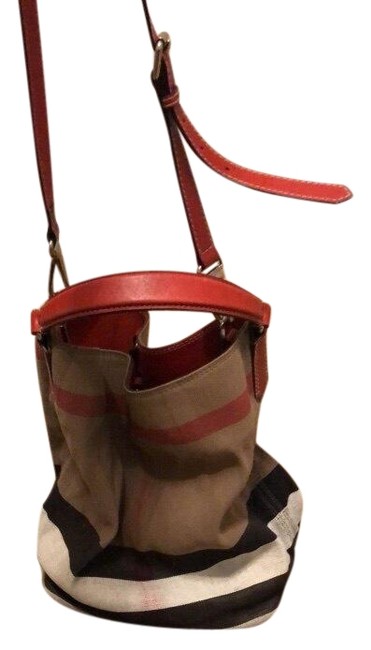 Burberry Plaid with Red Leather Canvas Hobo Bag
