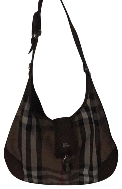 Burberry Purse BlackBrownCamel ClothBrown Leather Trim Hobo Bag