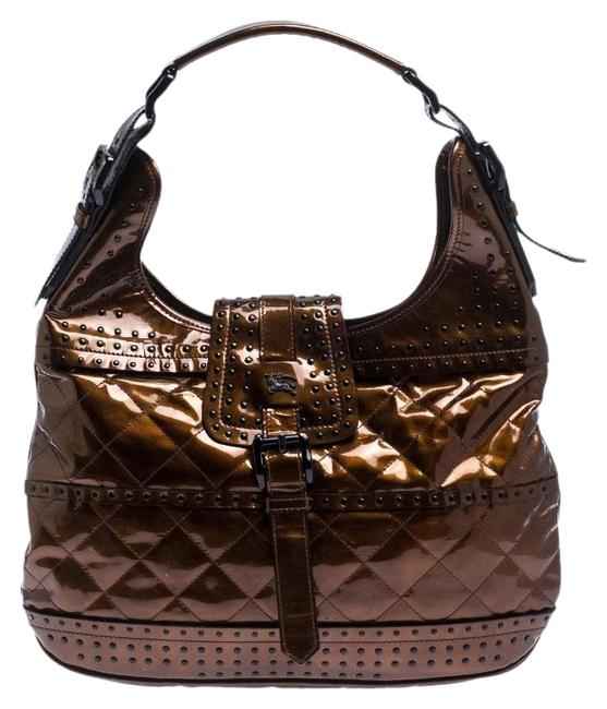 Burberry Quilted Studded Brown Patent Leather Hobo Bag