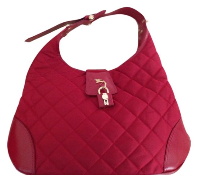 Burberry Quilted with Gold Hardware Red Patent Leather and Fabric Hobo Bag