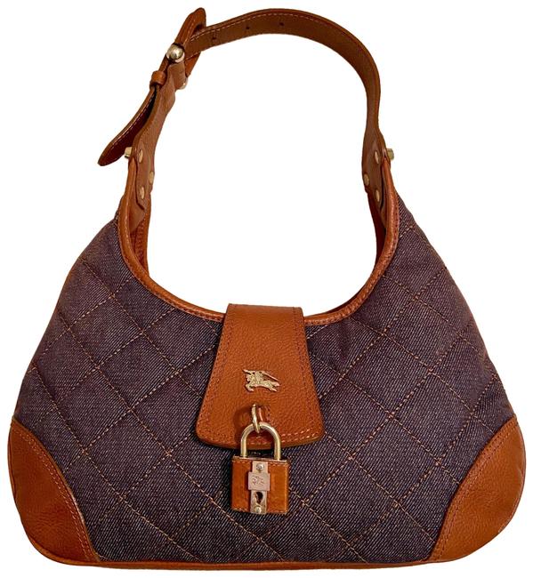Burberry Shoulder Brooke Quilted Denim Blue and Brown Canvas Leather Hobo Bag