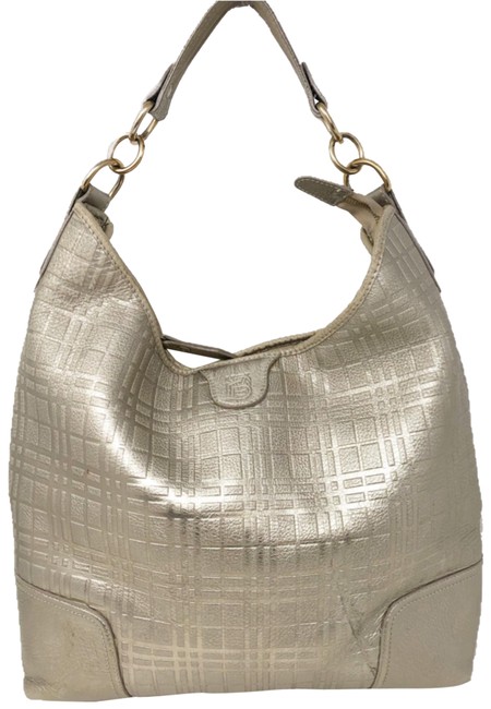 Burberry Shoulder Check Chain Gold Metallic Embossed Leather Hobo Bag