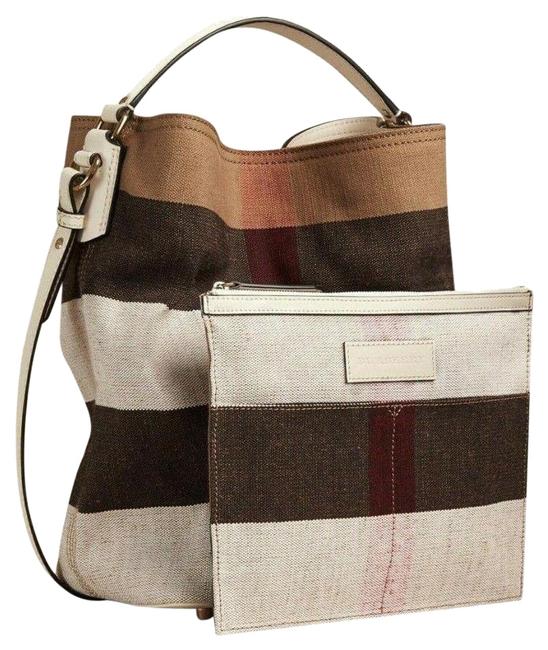 Burberry Shoulder Tote Purse Beige White Check Canvas Hobo Bag