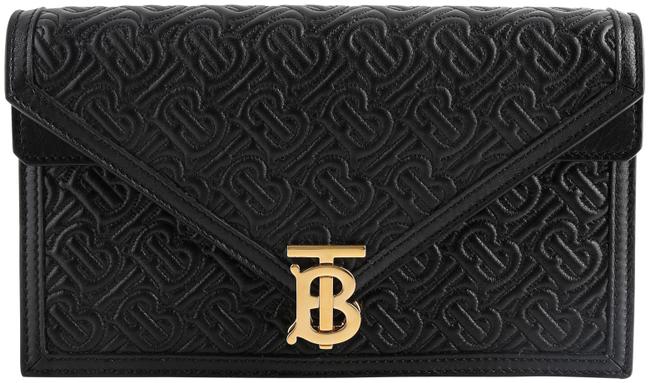Burberry Small Quilted Monogram Tb Envelope Black Lambskin Leather Clutch