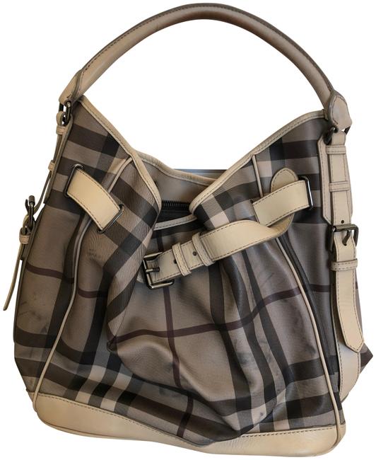 Burberry Smoked Check Walden Grey Multi Leather Coated Canvas Hobo Bag