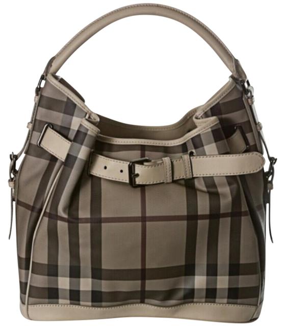 Burberry Smoked Checkered CreamBrownBeige Leather Hobo Bag