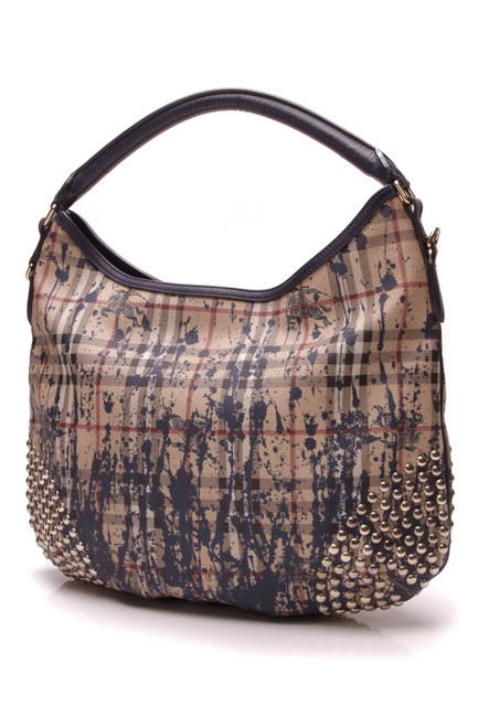 Burberry Studded Splash Haymarket CheckBlue Beige Coated Canvas Hobo Bag