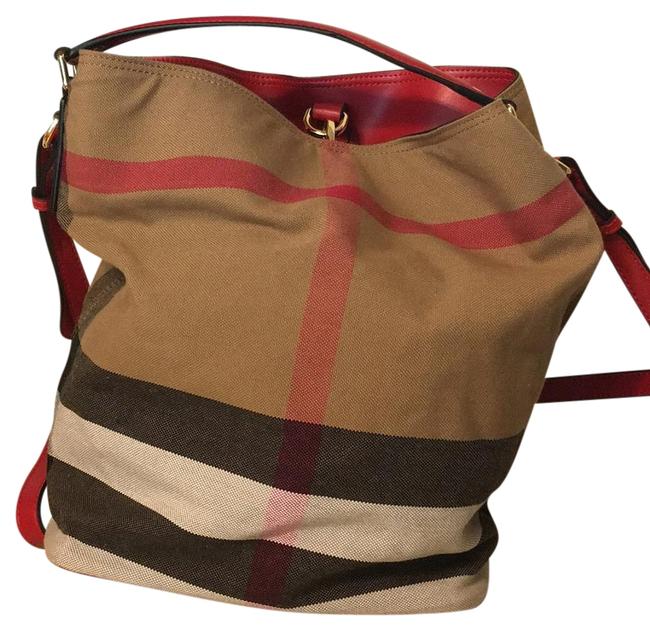 Burberry Bucket The Medium Ashby Check Red Canvas and Leather Hobo Bag